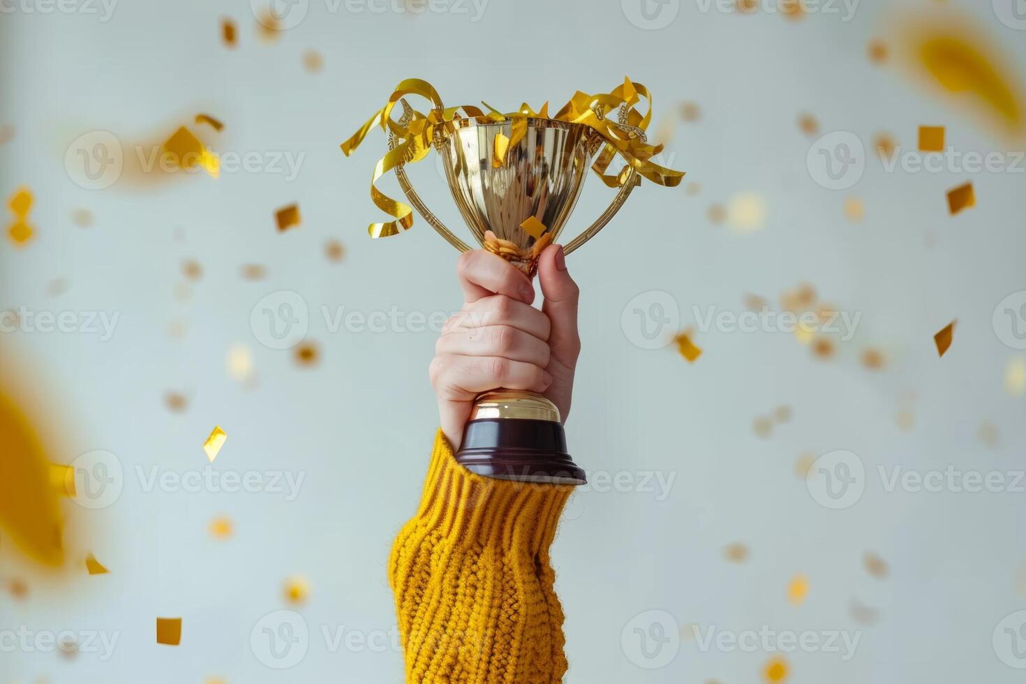 AI generated Victory Celebration with Golden Trophy and Confetti photo