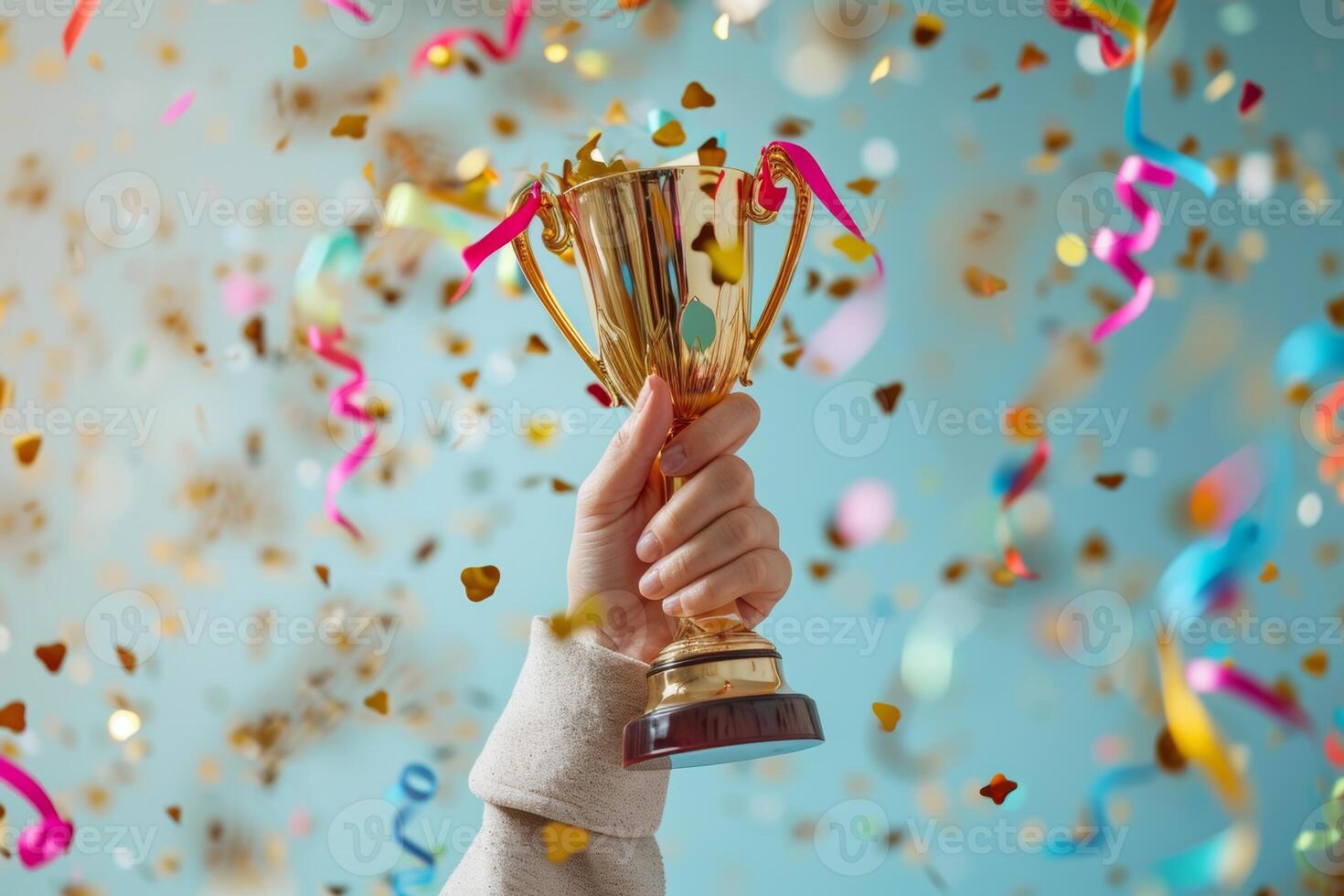 ai generado victoria celebracion con dorado trofeo y papel picado foto