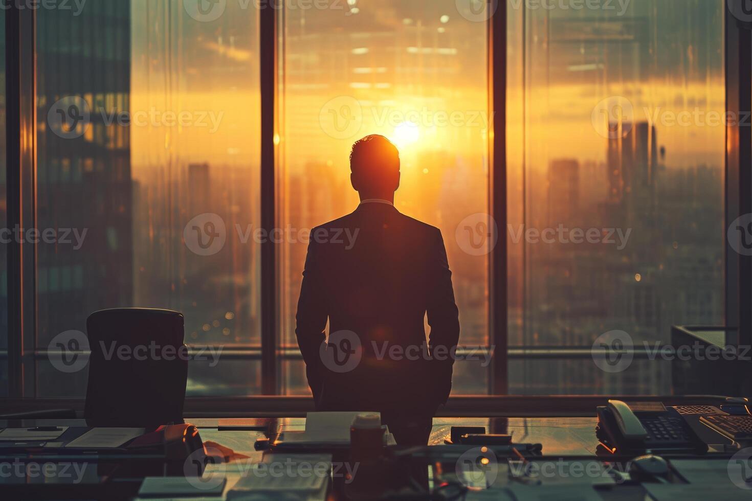 AI generated Businessman Contemplating Cityscape from High-rise Building photo