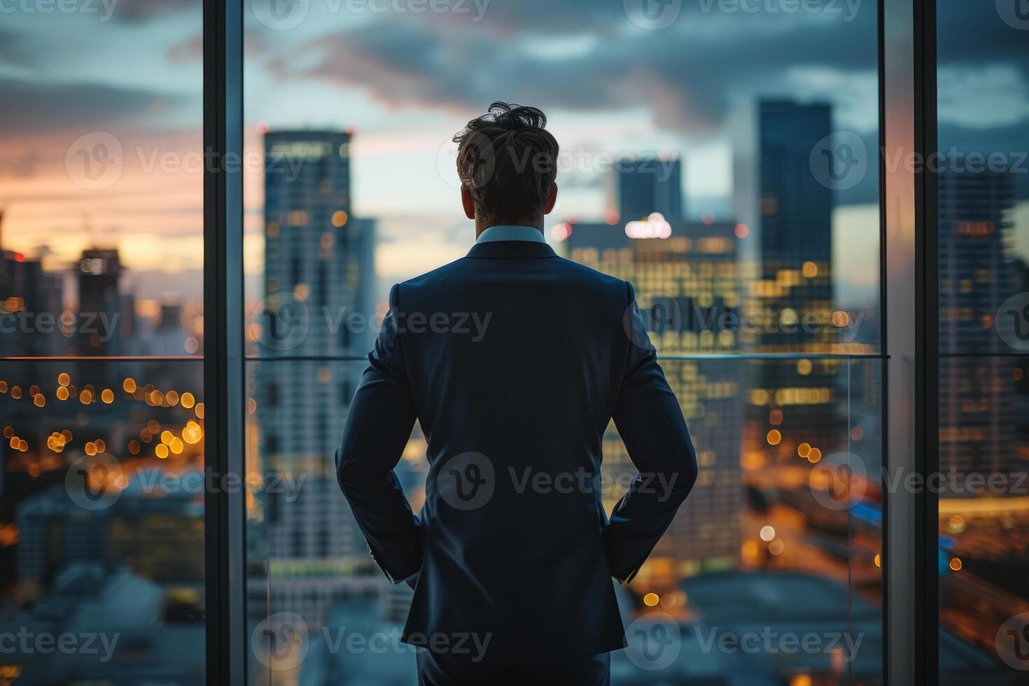 AI generated Businessman Contemplating Cityscape from High-rise Building photo