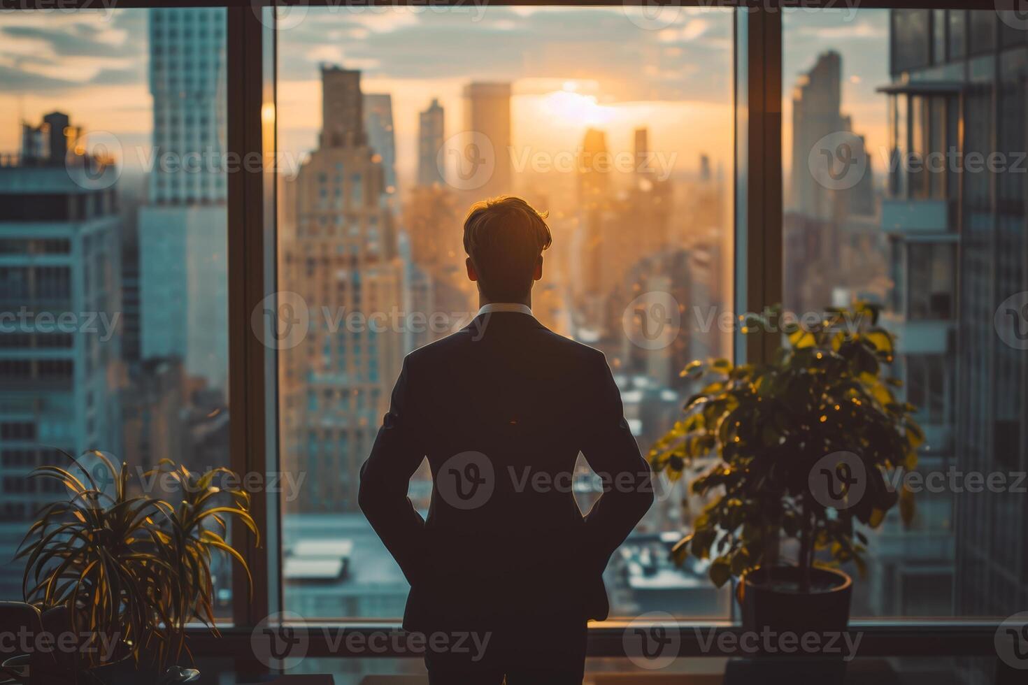 AI generated Businessman Contemplating Cityscape from High-rise Building photo