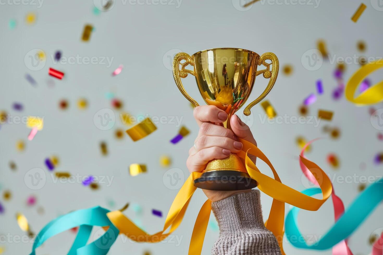 AI generated Victory Celebration with Golden Trophy and Confetti photo