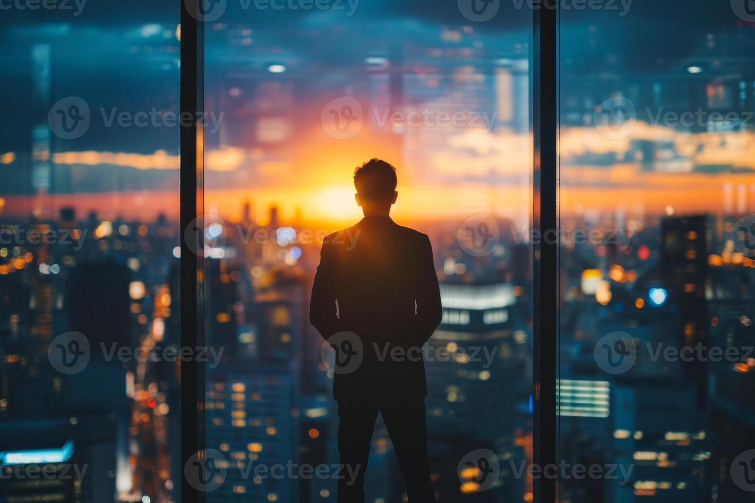 AI generated Businessman Contemplating Cityscape from High-rise Building photo
