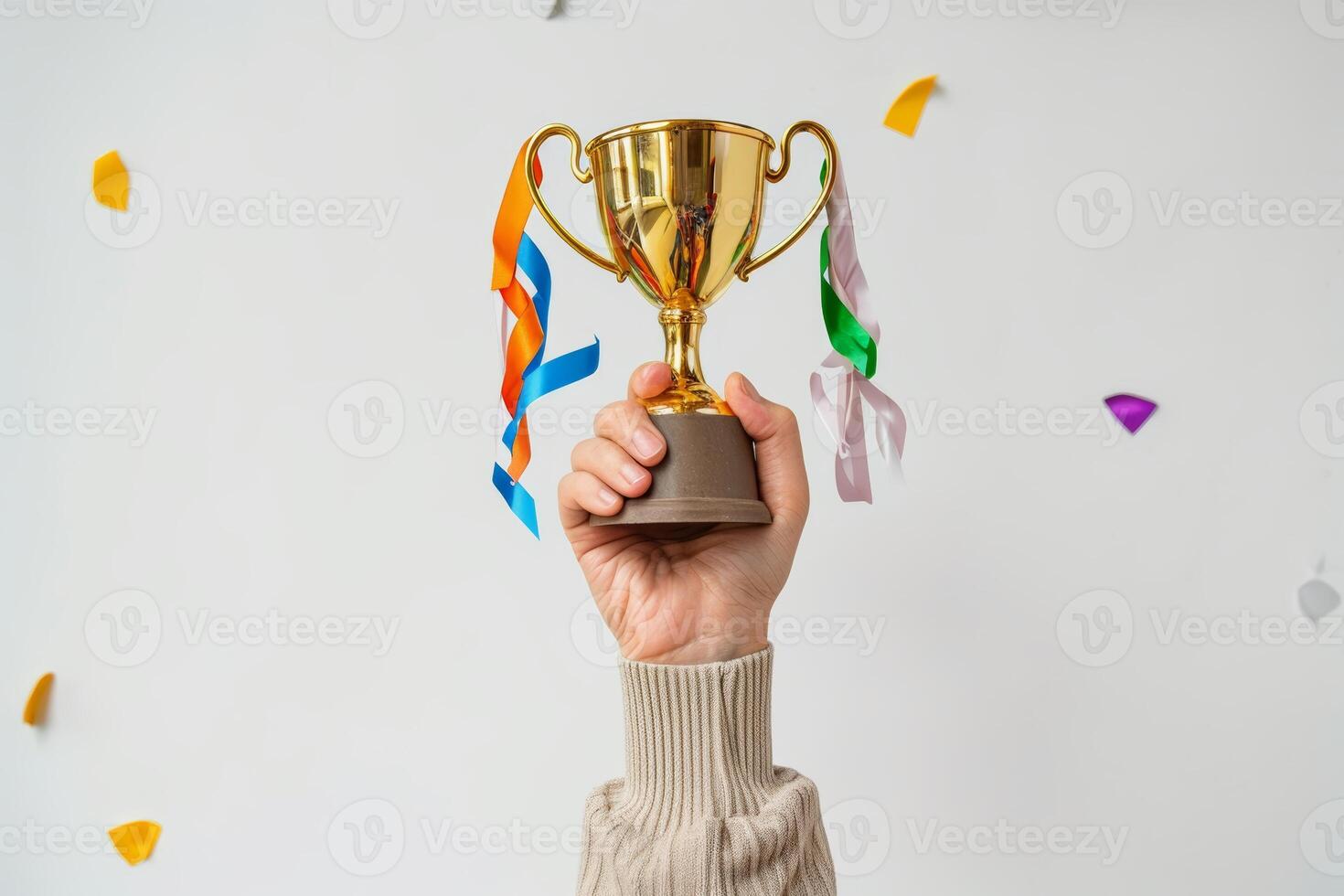 AI generated Victory Celebration with Golden Trophy and Confetti photo