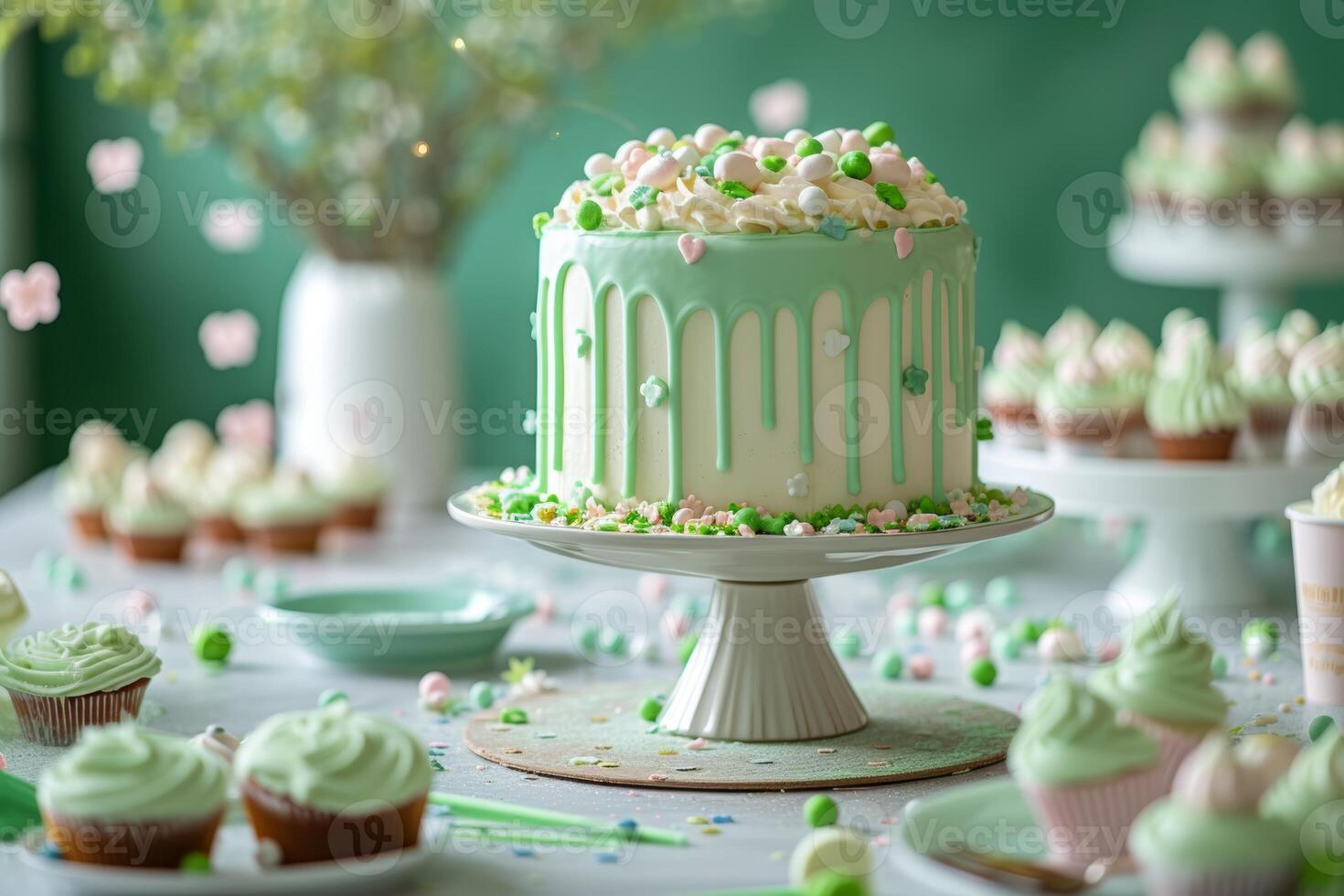 AI generated St. Patrick's Day Themed Cake and Desserts with Festive Decorations photo