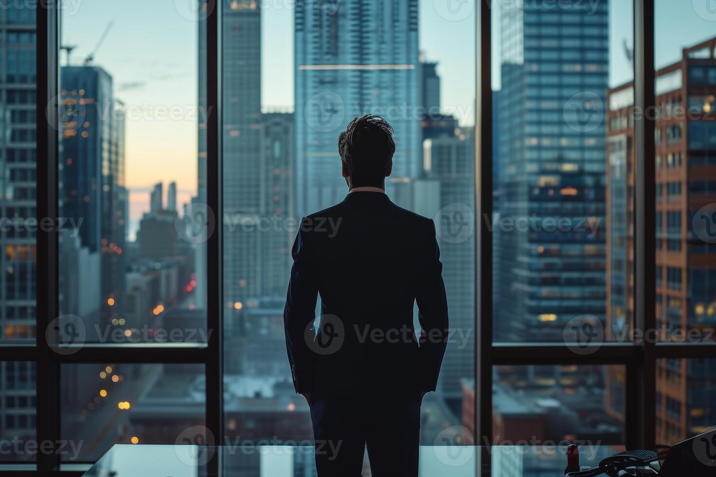 AI generated Businessman Contemplating Cityscape from High-rise Building photo