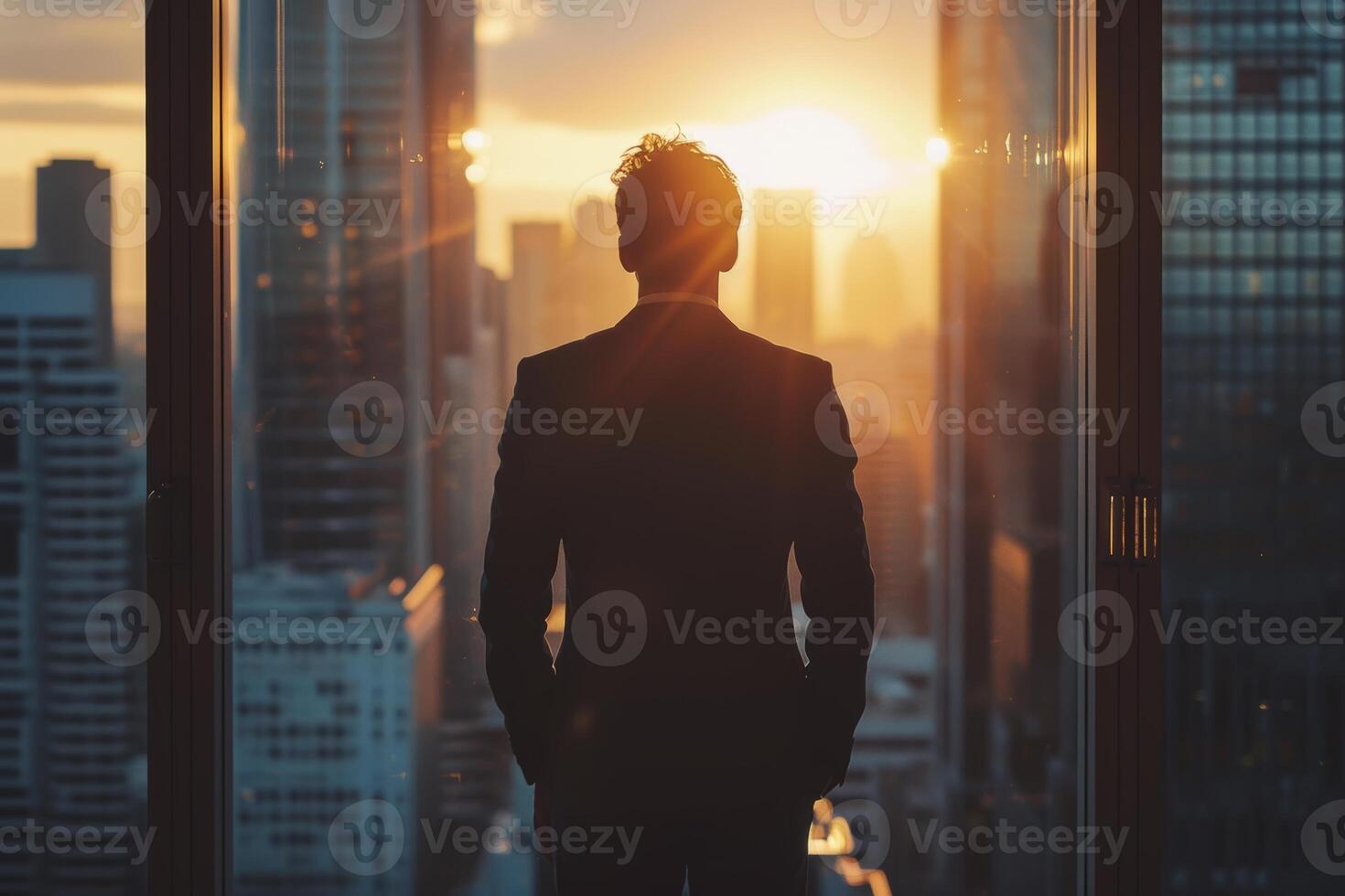 AI generated Businessman Contemplating Cityscape from High-rise Building photo
