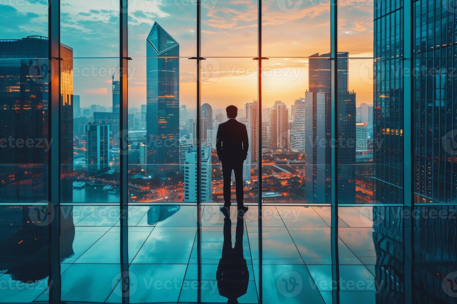 AI generated Businessman Contemplating Cityscape from High-rise Building photo
