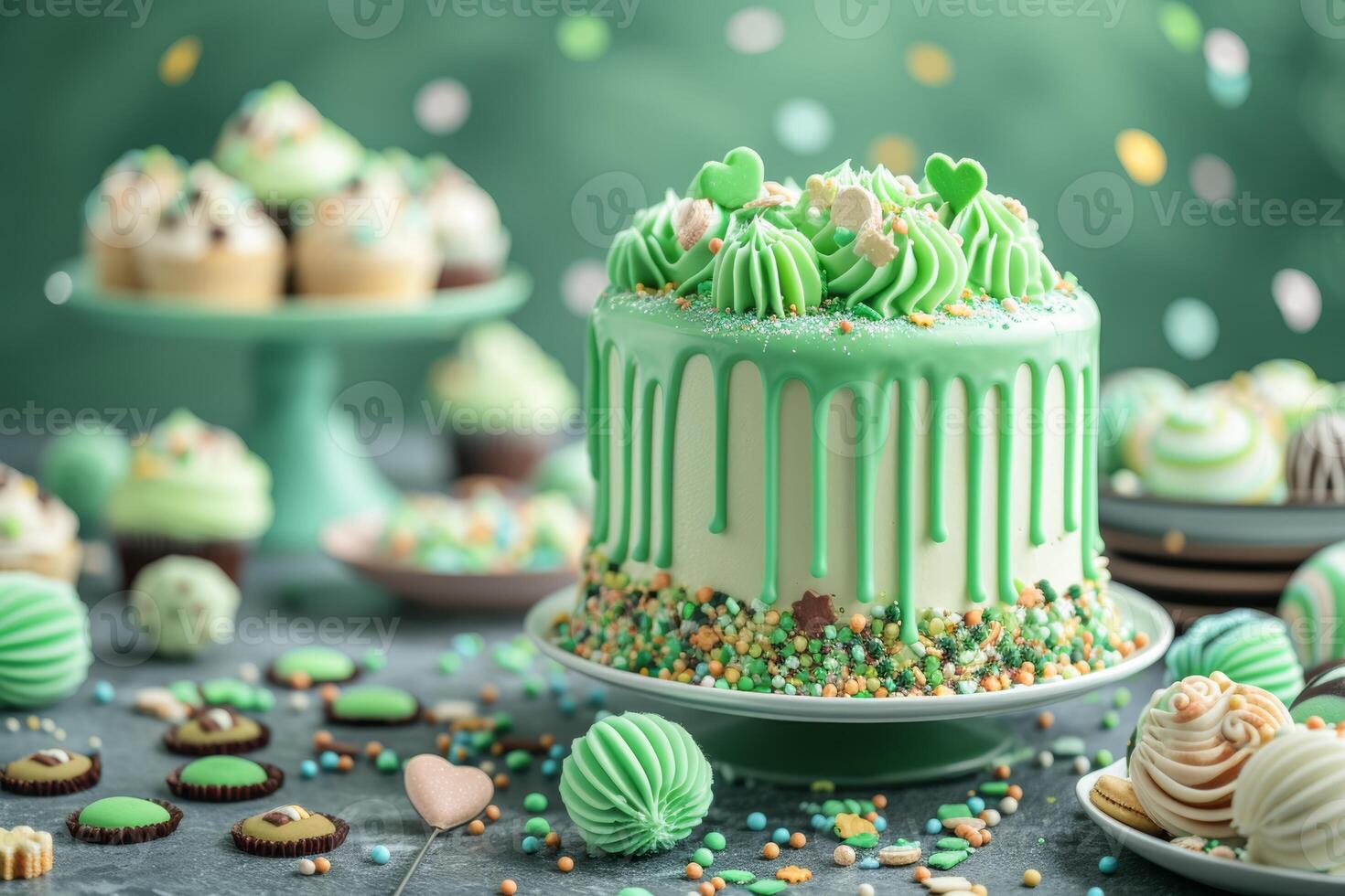 AI generated St. Patrick's Day Themed Cake and Desserts with Festive Decorations photo