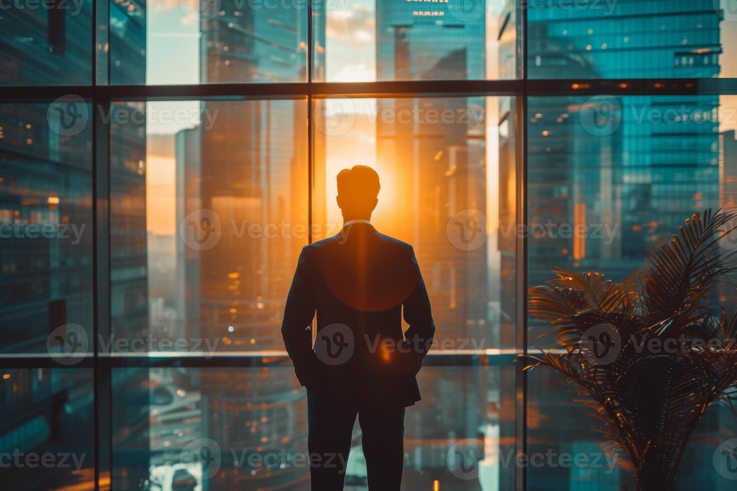 AI generated Businessman Contemplating Cityscape from High-rise Building photo