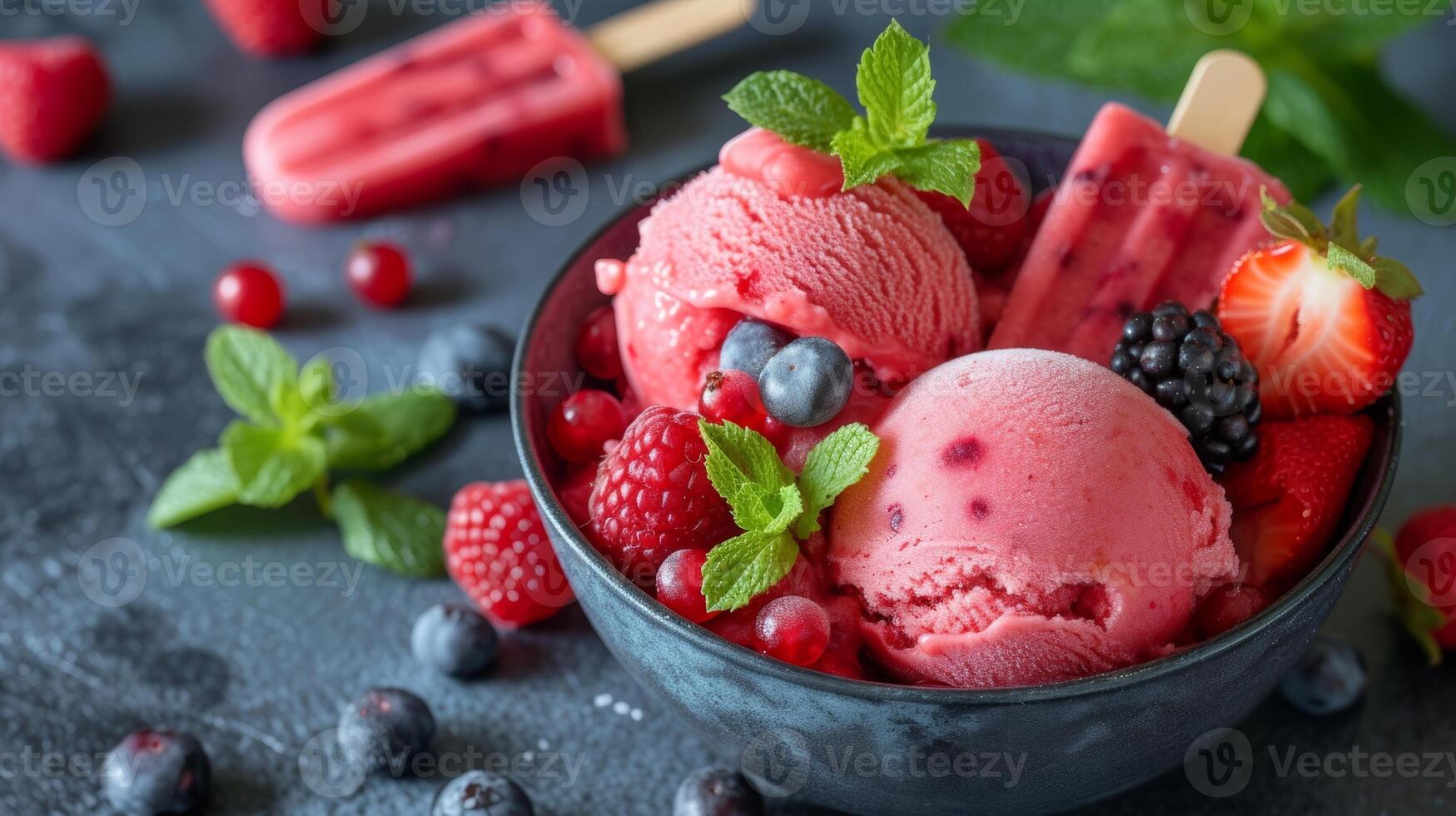 AI generated Colorful Fruit Sorbets with Fresh Berries and Mint photo