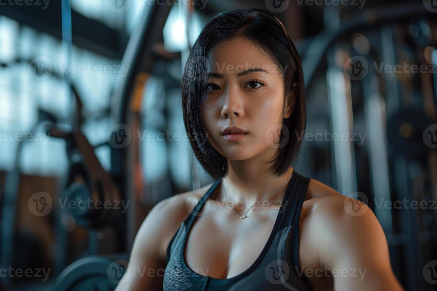 ai generado un dama trabajando fuera en un gimnasio con enfocado determinación foto