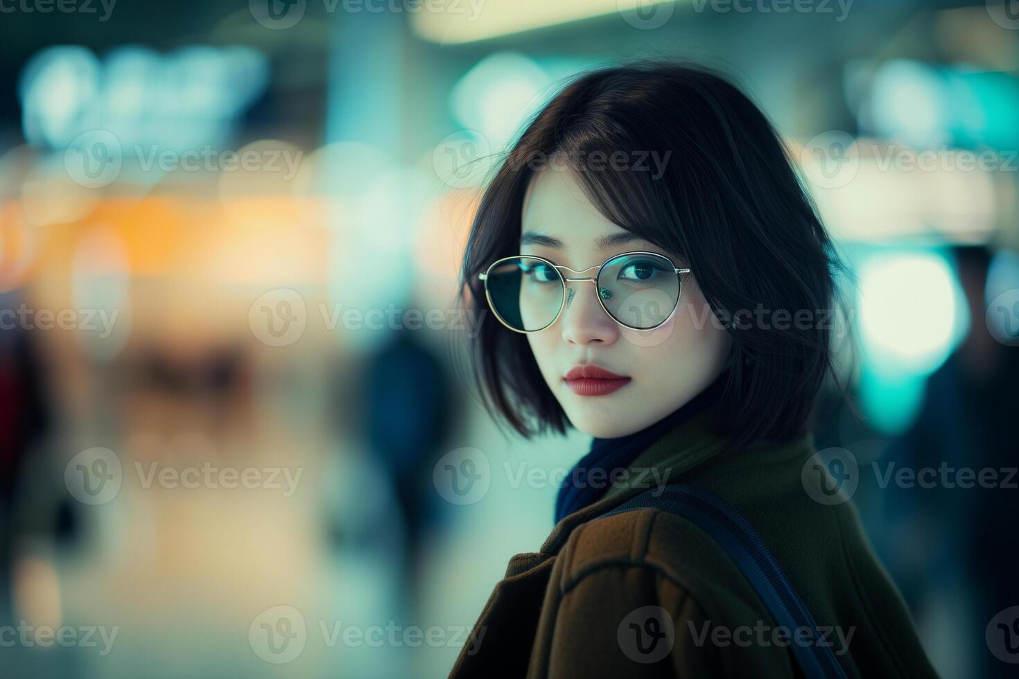 AI generated A lady with fashionable bob hairstyle and glasses walking through the airport photo