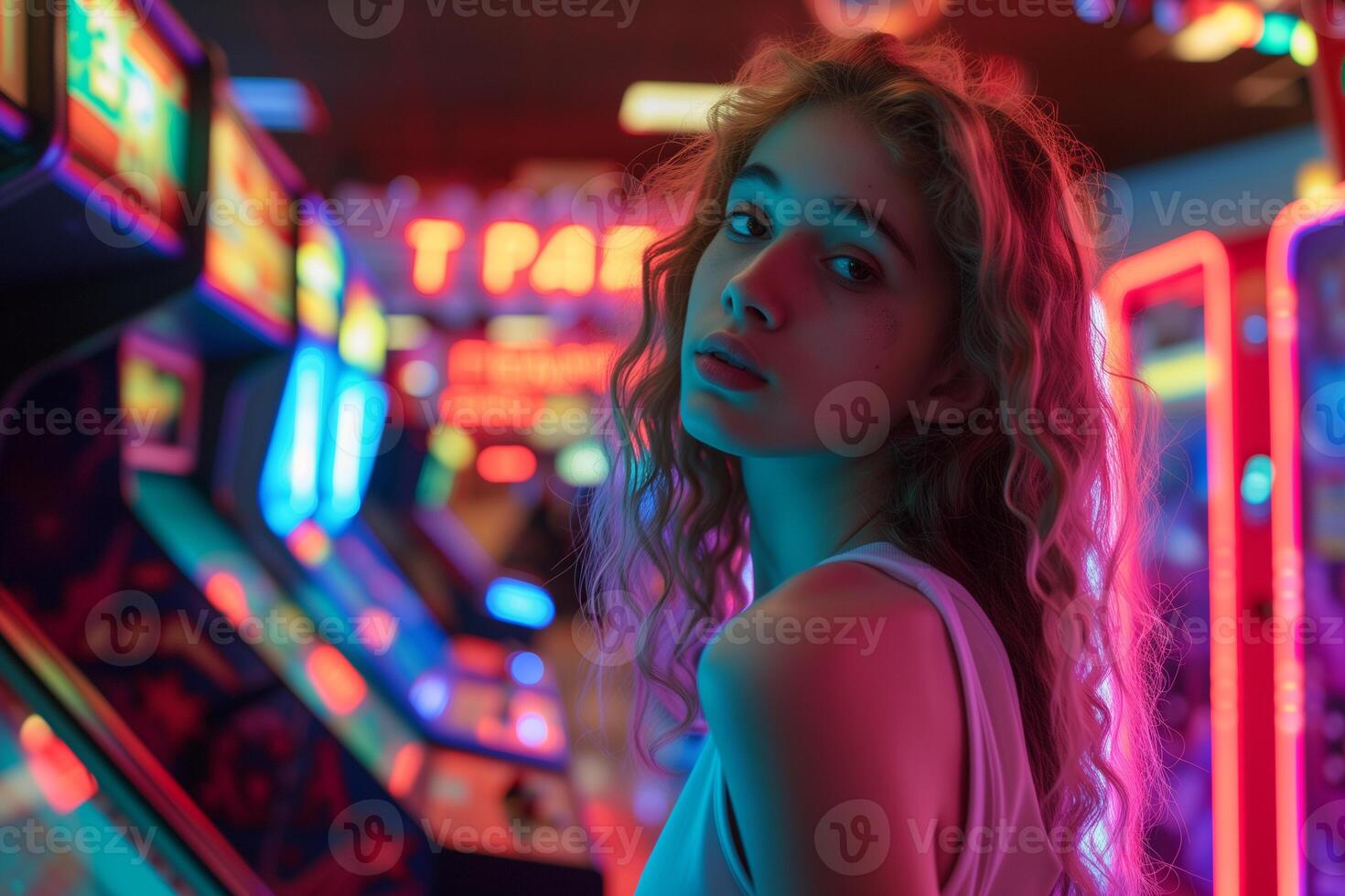 AI generated a girl playing in a retro game center with neon lights and arcade machines photo