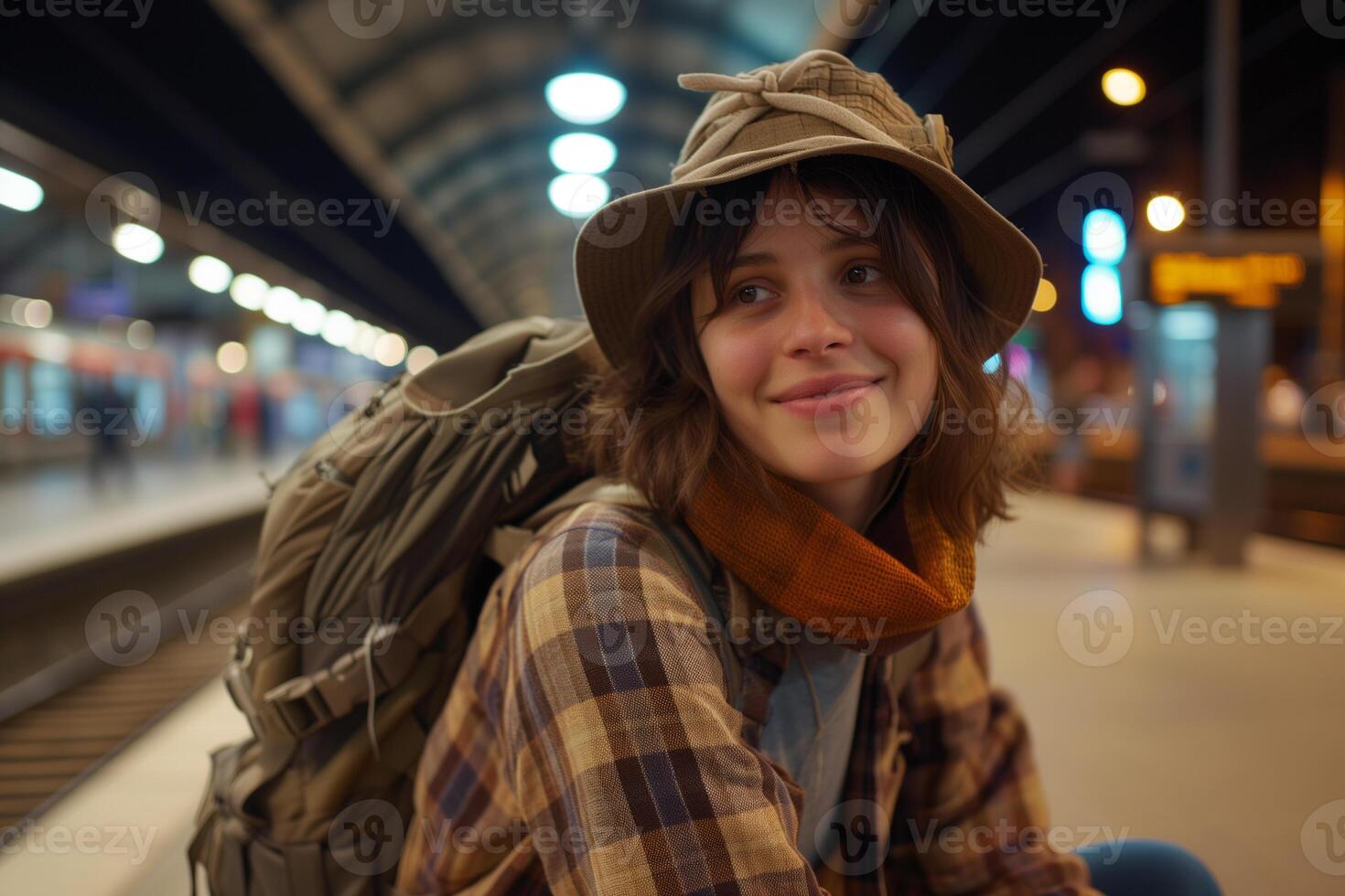 AI generated a young woman in a train station wears brown checkered shirt and backpack photo