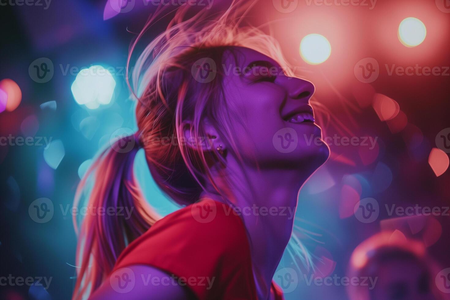 AI generated a girle with blonde hair in a ponytail joyfully dancing at a nightclub photo