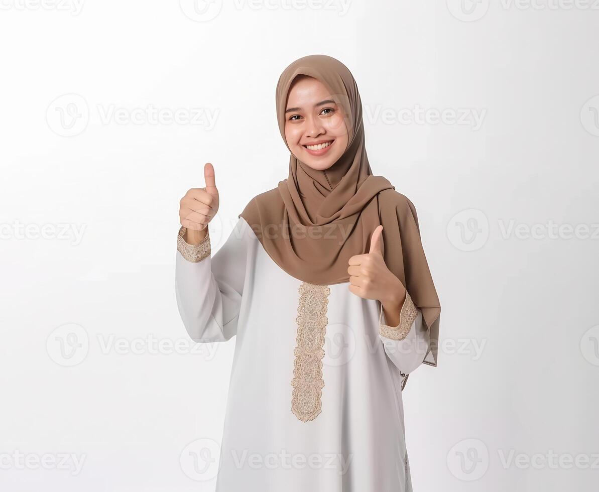 AI generated muslim lady wearing white muslim dress and hijab showing the thumbs up photo