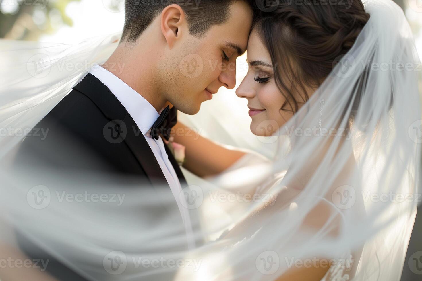 ai generado un romántico fotografía capturar un recién casado Pareja en un oferta abrazo foto