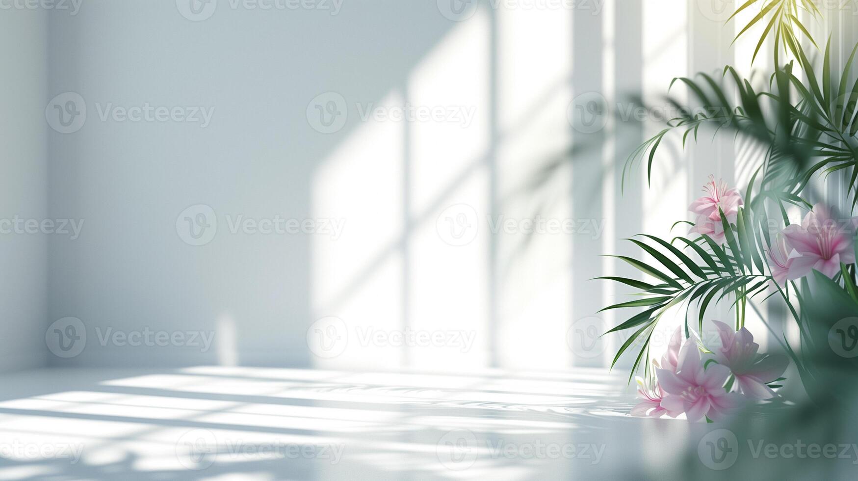 AI generated Empty room with shadows of window and flowers and palm leaves for product presentation photo