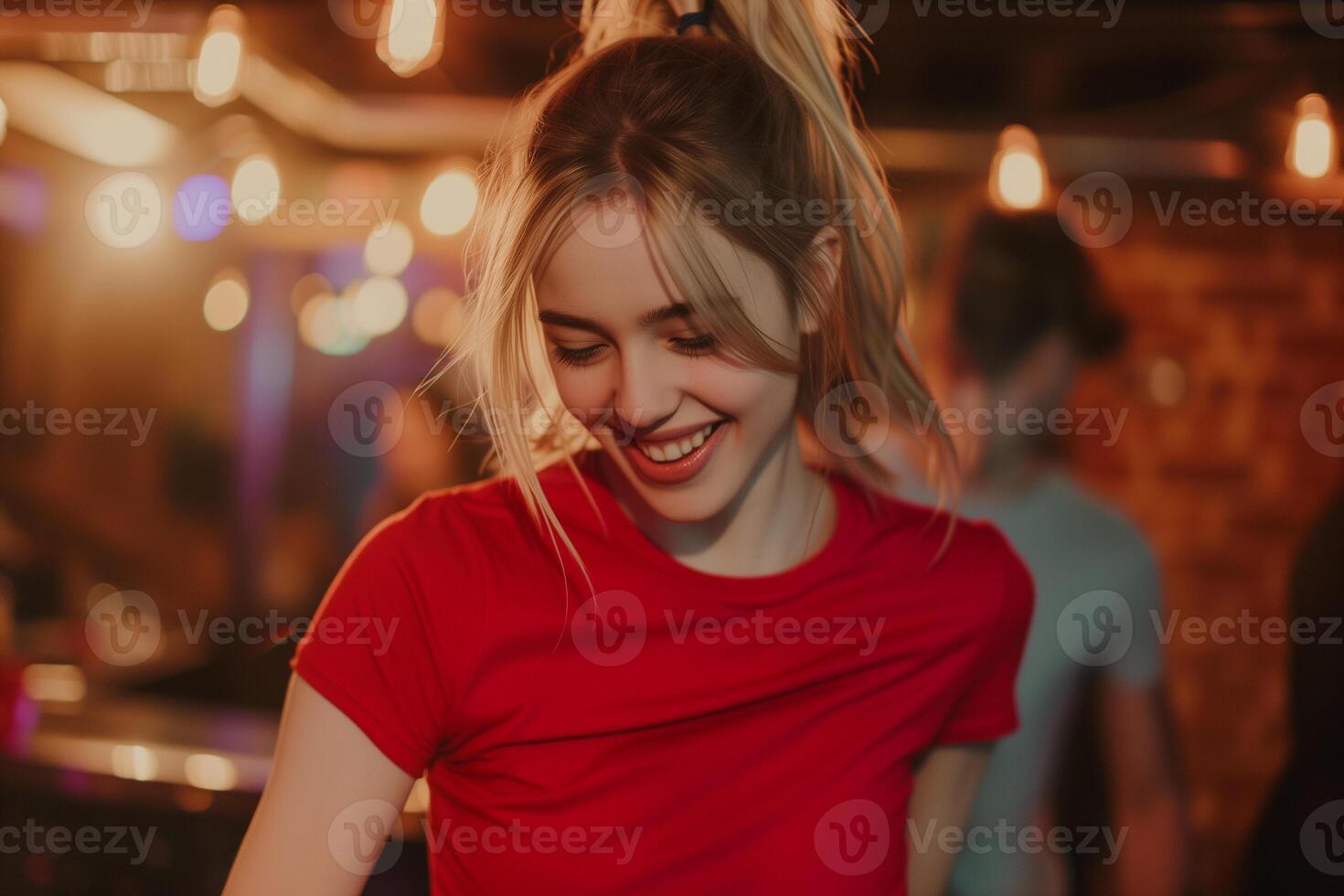 AI generated a girle with blonde hair in a ponytail joyfully dancing at a nightclub photo