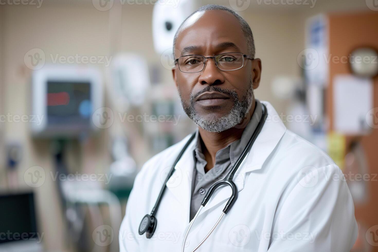 AI generated a doctor wearing a white coat and stethoscope with a backdrop of medical equipment photo