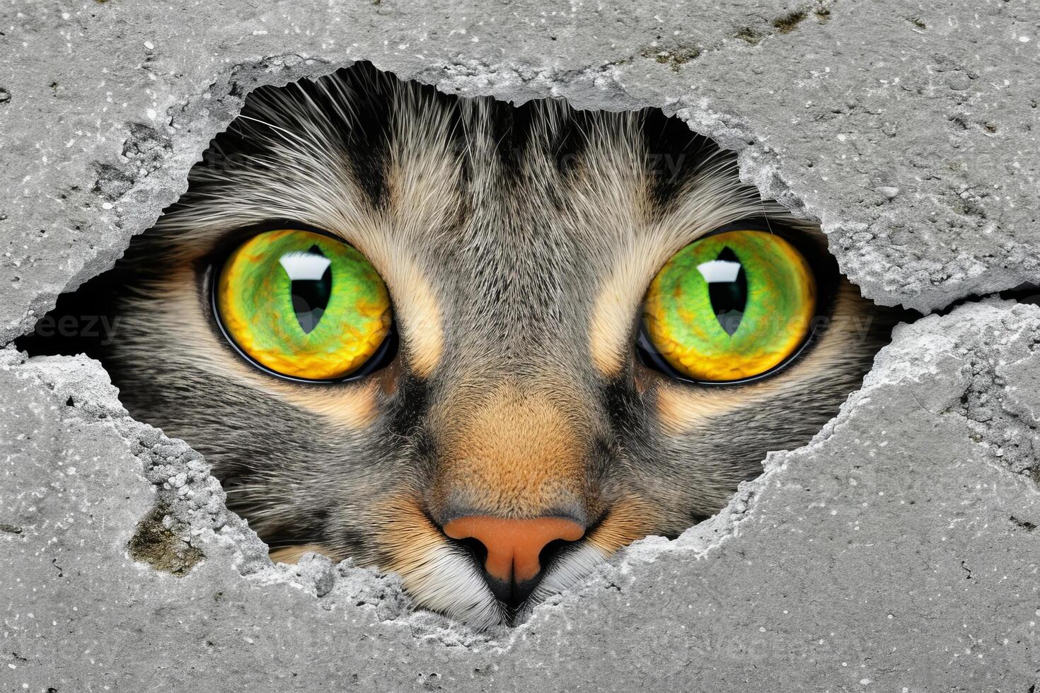 AI generated close-up of a cat's green eyes peeking out of a crack photo