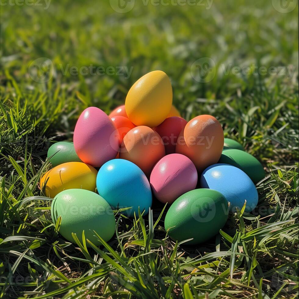 AI generated colorful easter eggs lie on the grass, illuminated by beautiful sunny yellow light photo