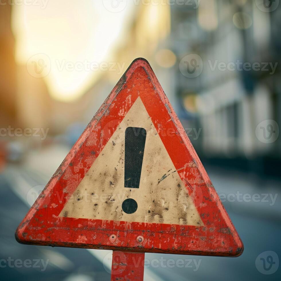 AI generated triangular warning sign with red border, black exclamation mark in the middle, blurred background photo