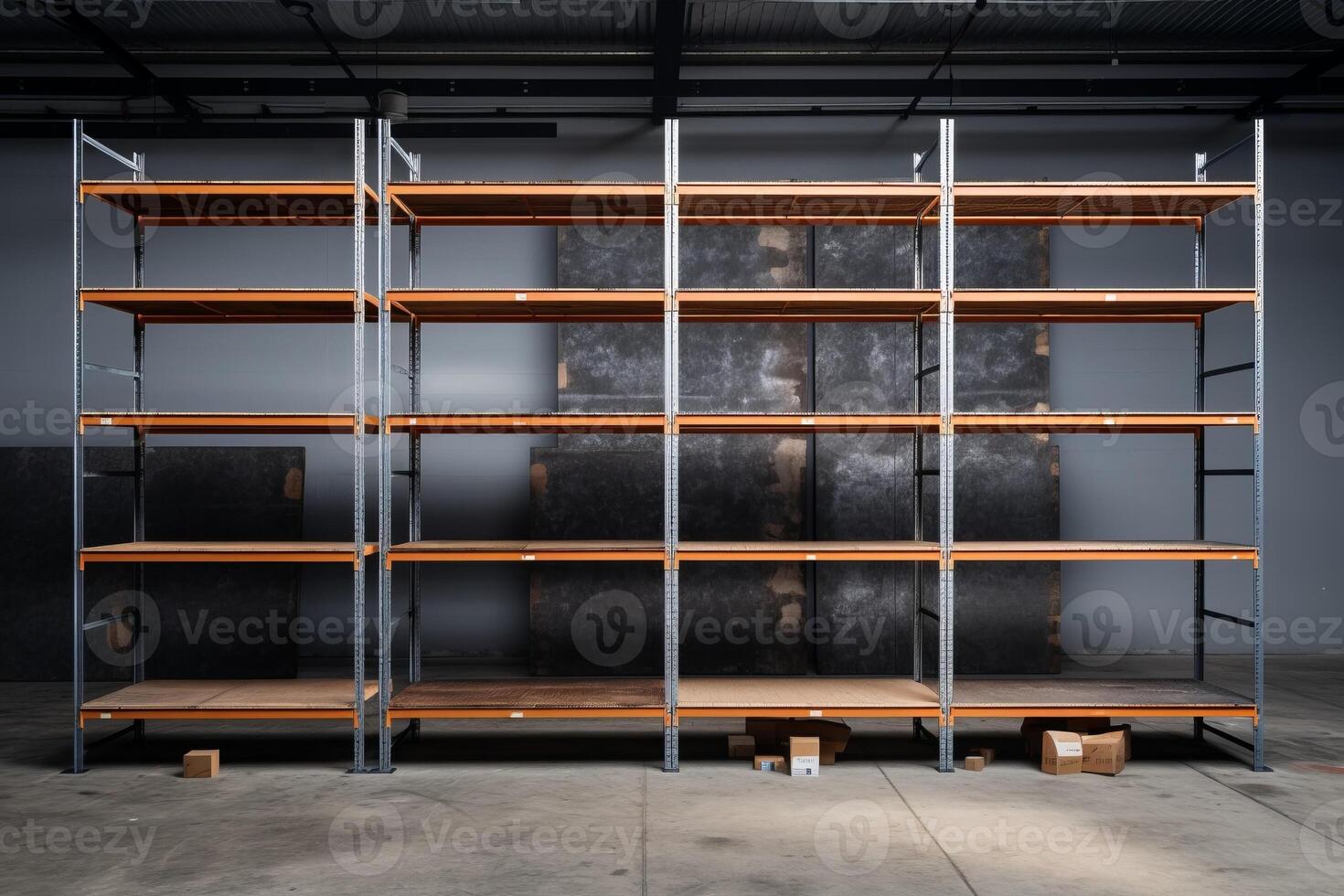 AI generated empty shelving in an industrial warehouse photo