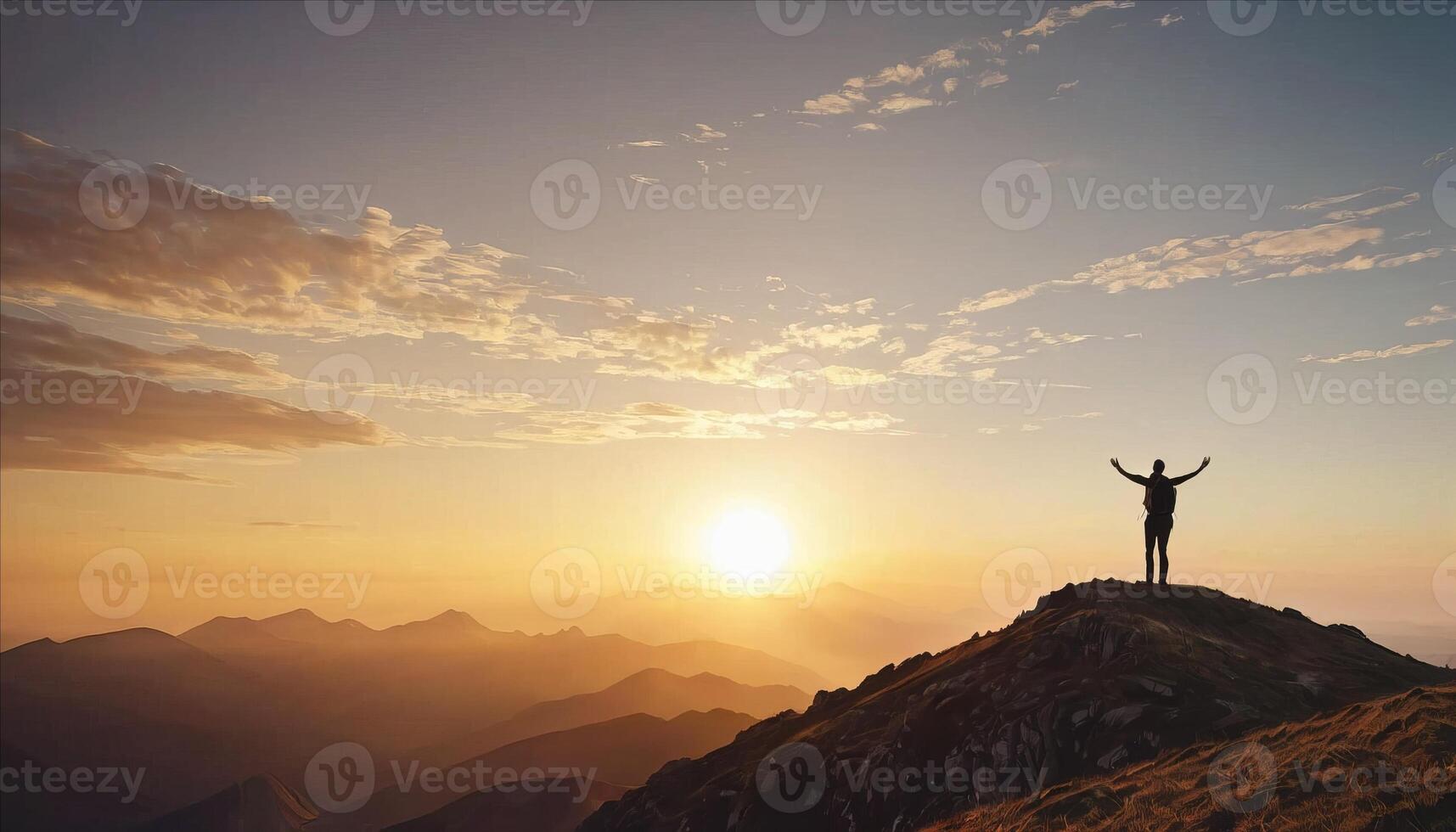 AI generated Silhouette of a man standing on top of a mountain with his hands up at sunset photo