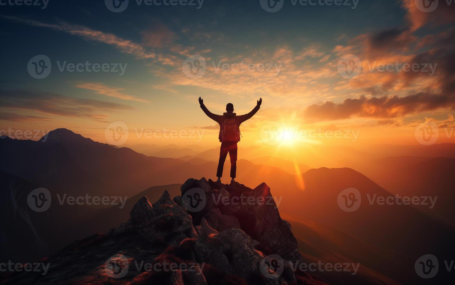 AI generated Silhouette of a man standing on top of a mountain with his hands up at sunset photo