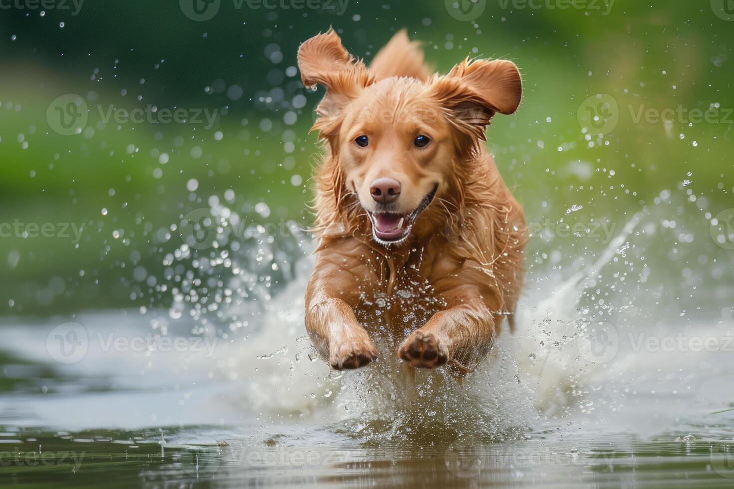 ai generado un perro con un abierto boca saltos en el agua, levantamiento salpicaduras en el del sol rayos foto