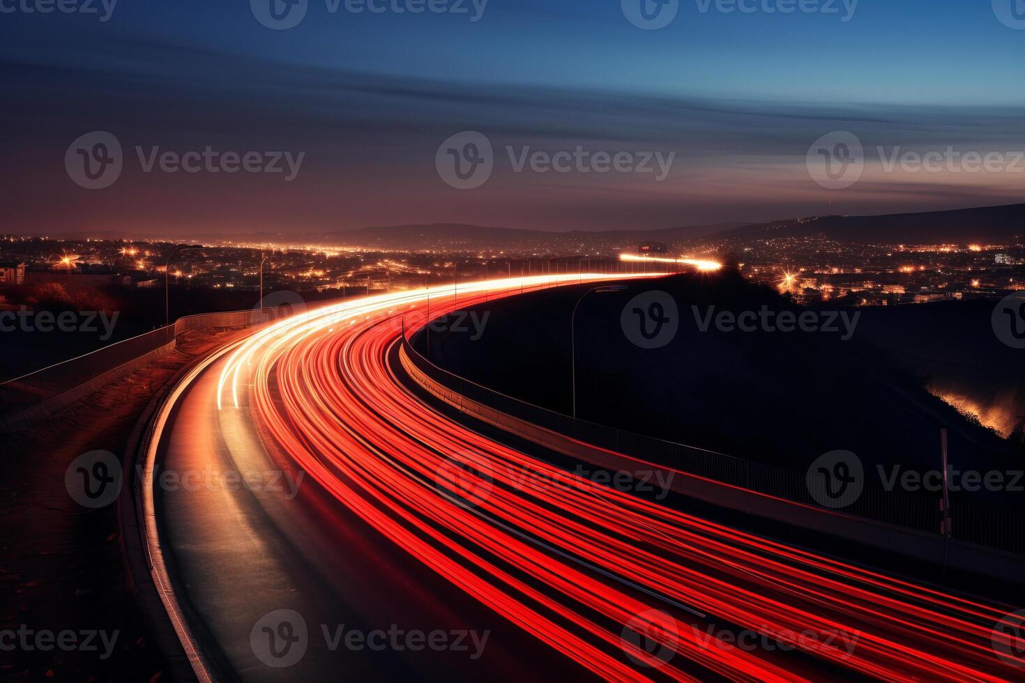 AI generated highway outside the city in the evening with blurry tracks from headlights photo