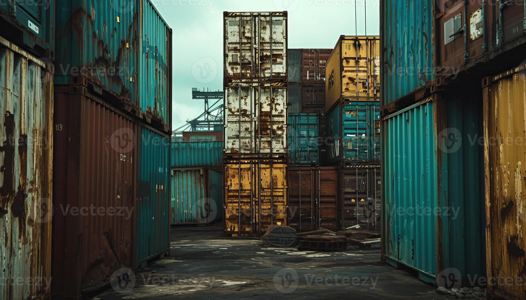 AI generated Cargo multicolored old containers with corrosion in cloudy weather photo