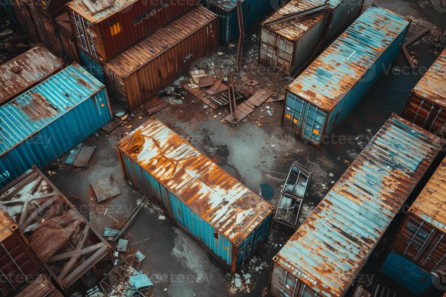 AI generated Cargo multicolored old containers with corrosion in cloudy weather photo