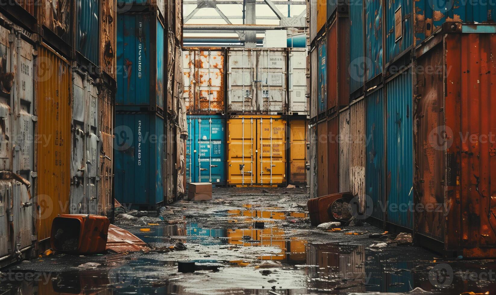 AI generated Cargo multicolored old containers with corrosion in cloudy weather photo