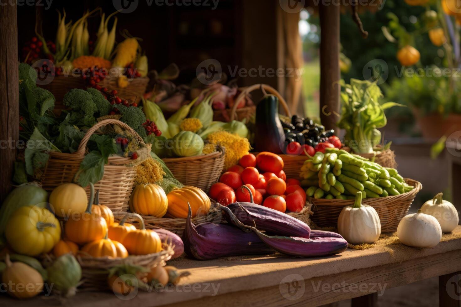 AI generated Fall harvest market with vegetables and fruits photo