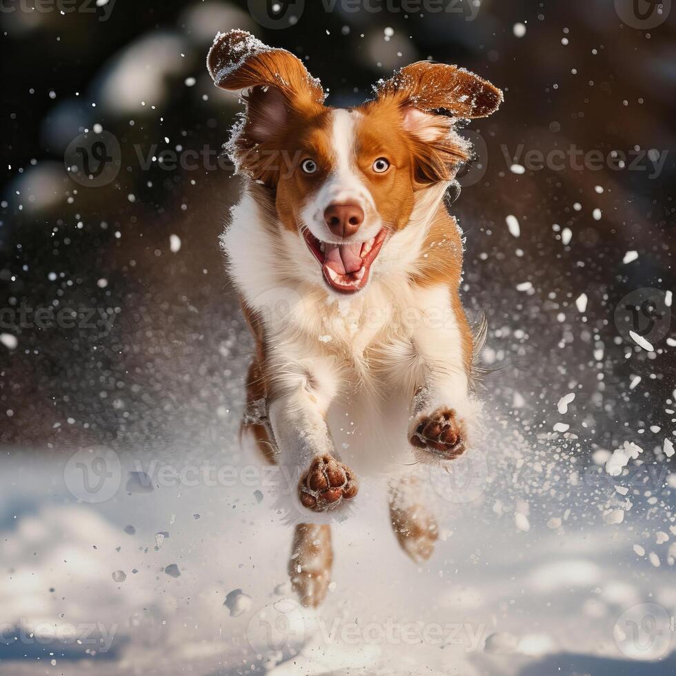 AI generated a dog with a large open mouth runs happily jumping in the snow photo