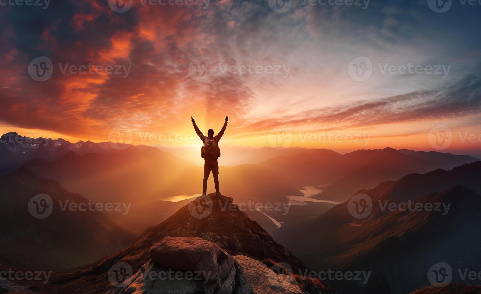 AI generated Silhouette of a man standing on top of a mountain with his hands up at sunset photo