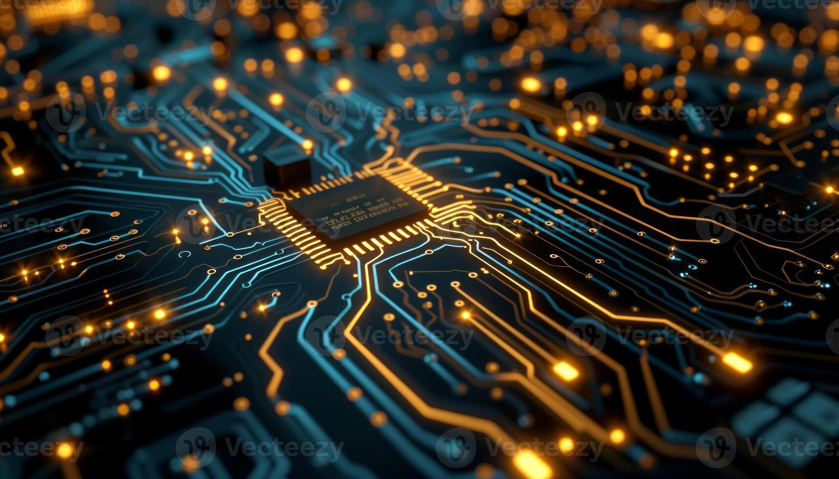 AI generated close up of a microchip circuit board of a computer with neon lights photo
