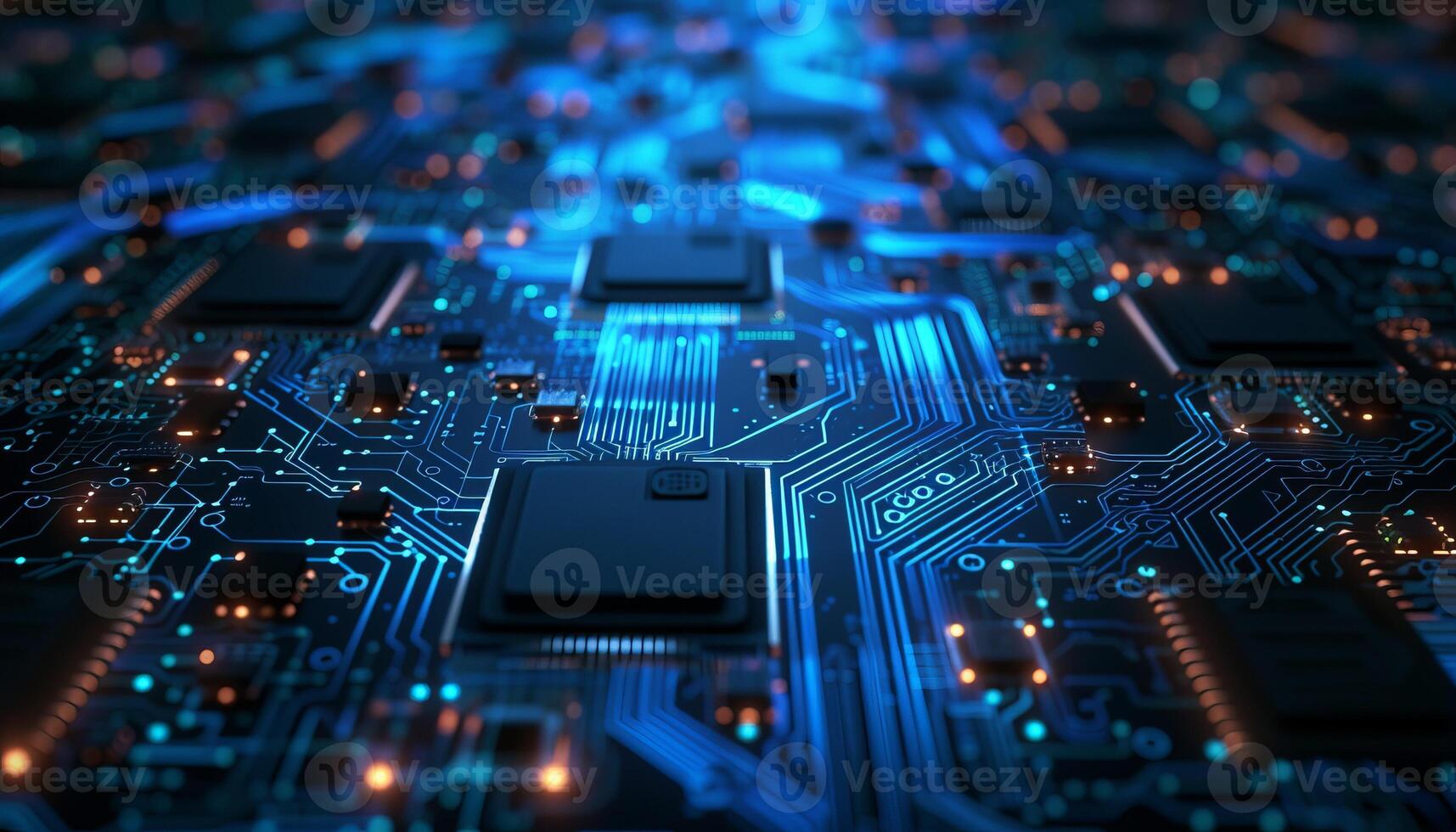 AI generated close up of a microchip circuit board of a computer with neon lights photo