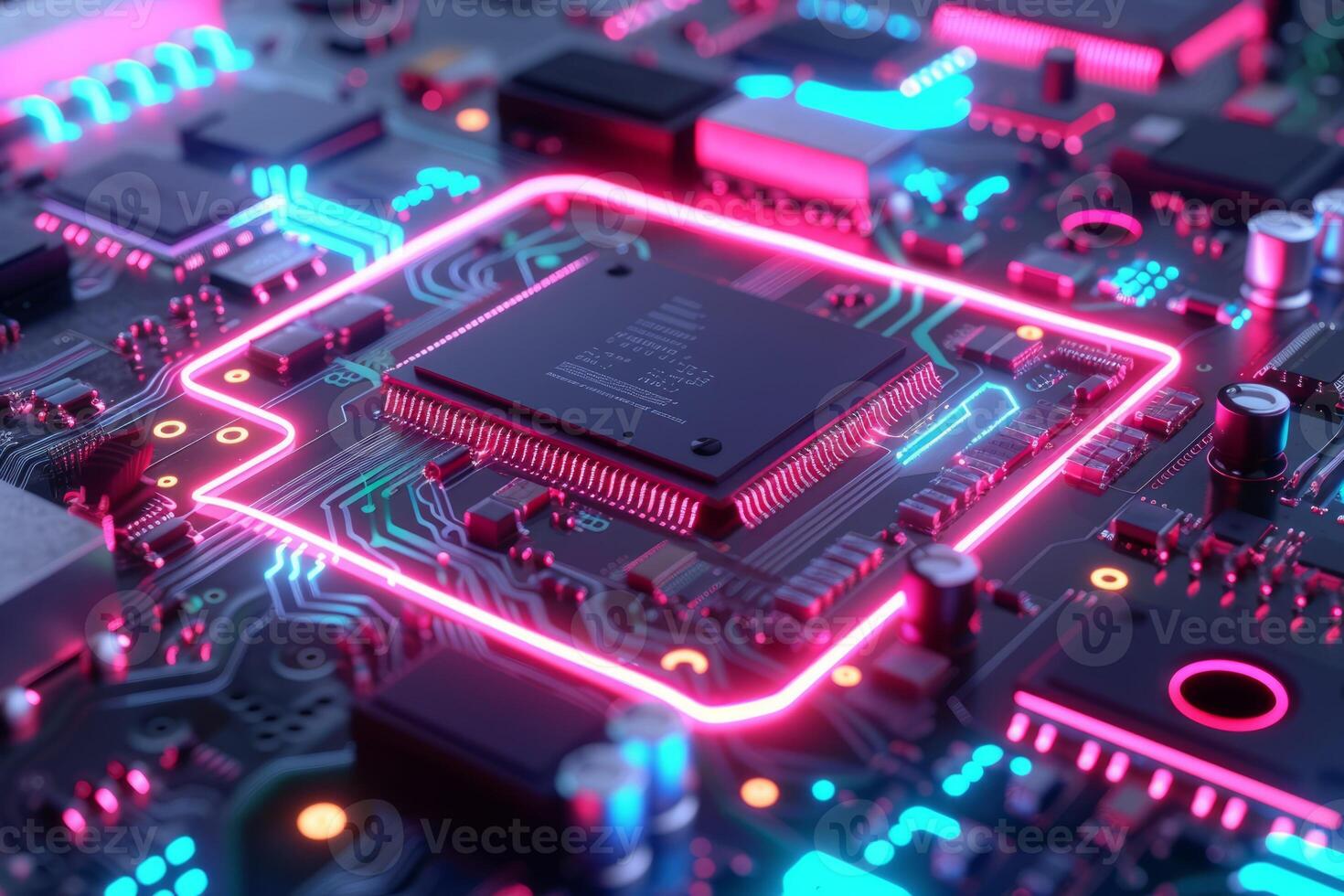 AI generated close up of a microchip circuit board of a computer with neon lights photo