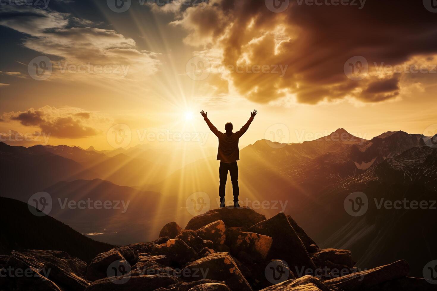 AI generated Silhouette of a man standing on top of a mountain with his hands up at sunset photo