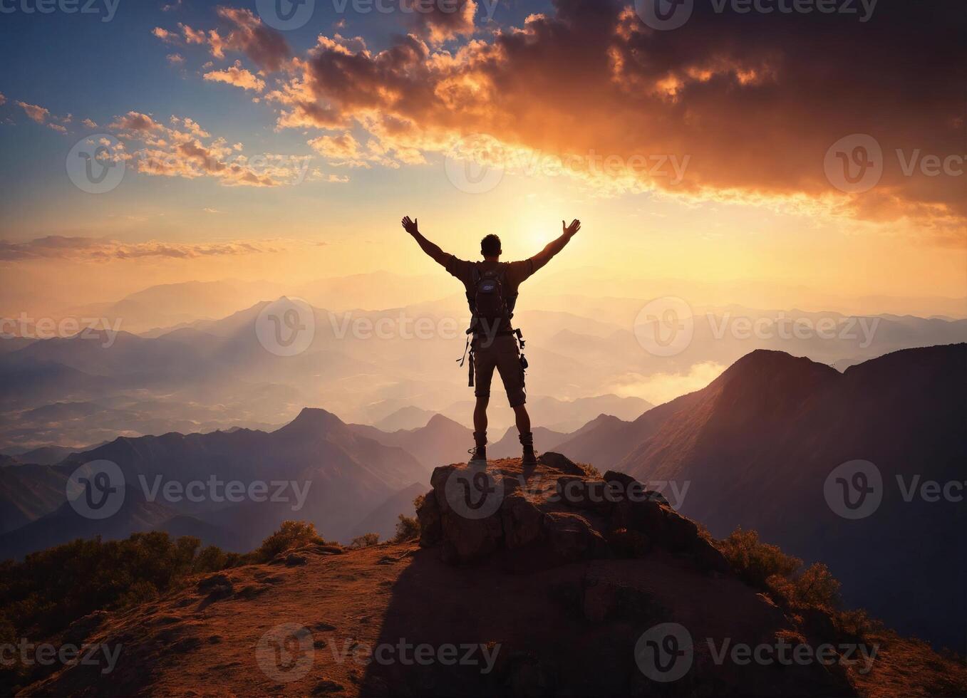 AI generated Silhouette of a man standing on top of a mountain with his hands up at sunset photo