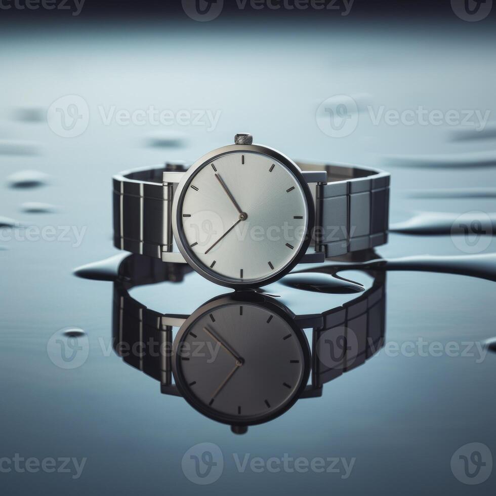 AI generated wristwatch in a minimalist style lies on a smooth surface with water drops photo