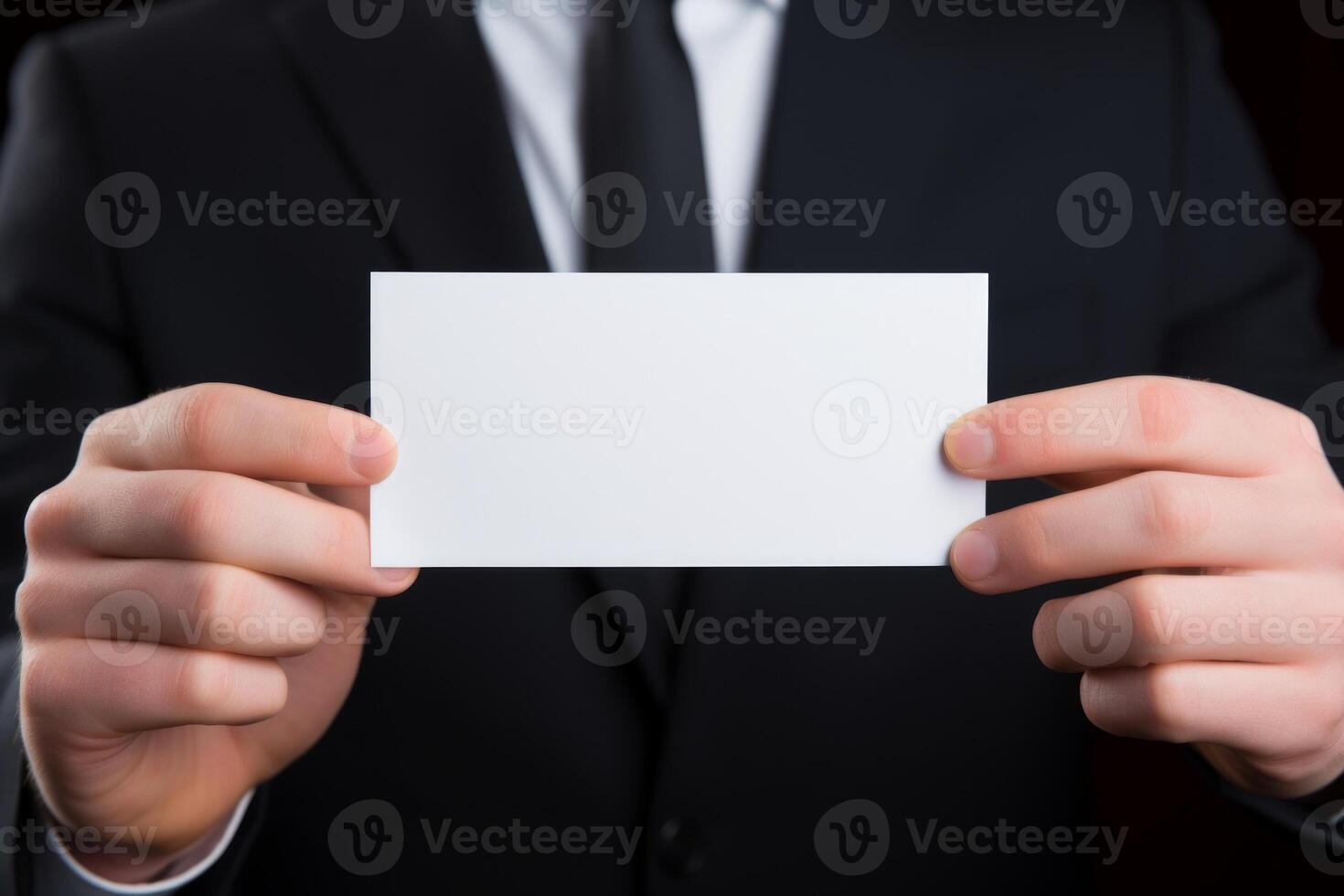 AI generated Person in black suit showing blank business card photo