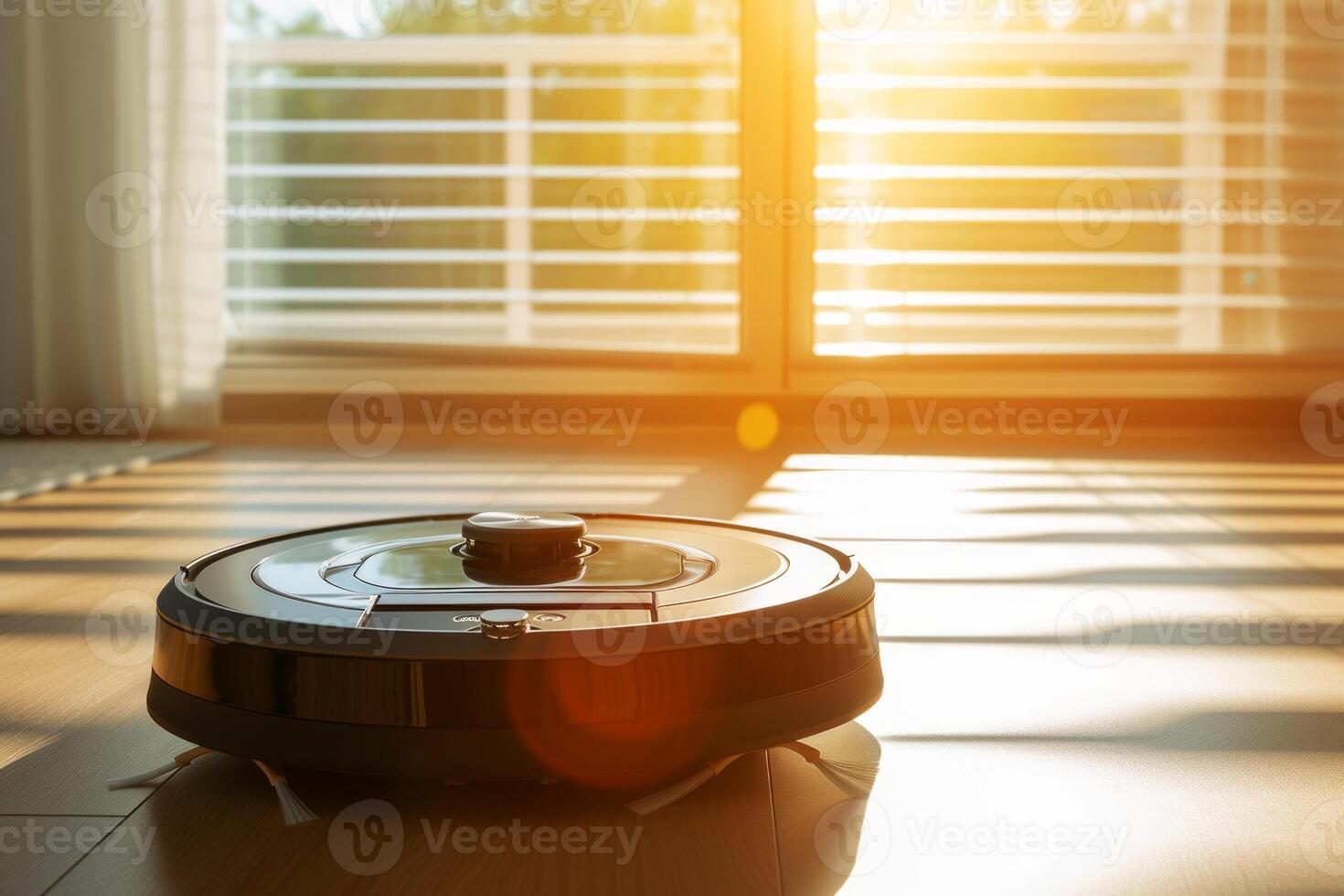 AI generated robot vacuum cleaner on the floor in a room illuminated by sunlight from the window photo