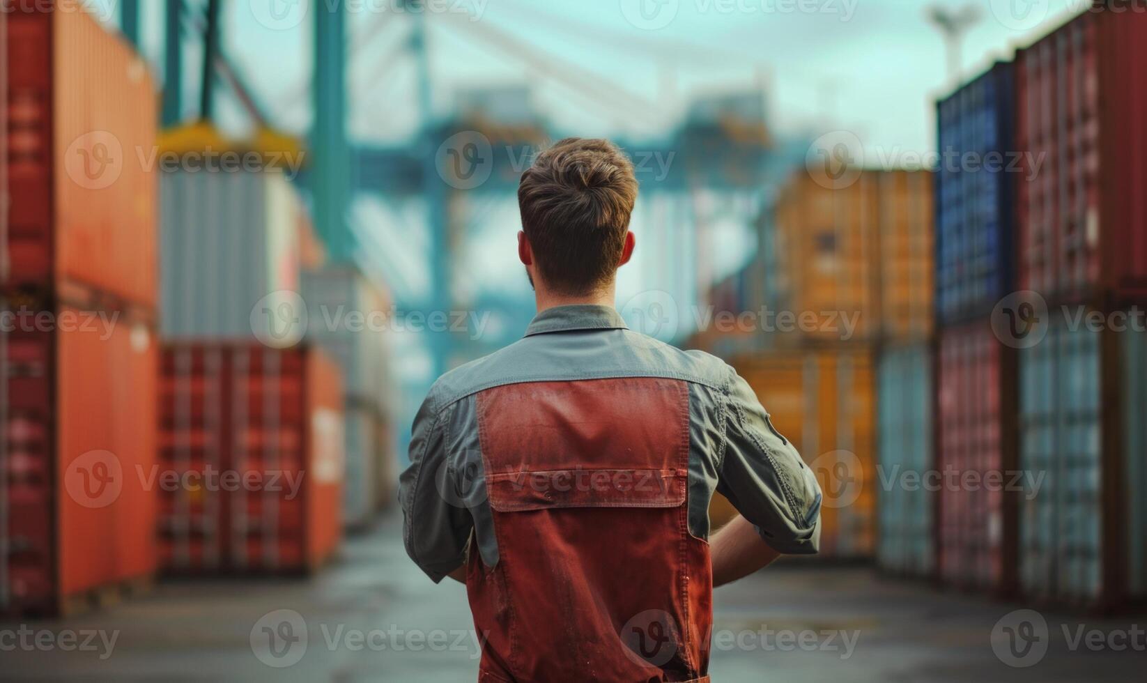 AI generated worker stands in the port against the background of multicolored cargo containers photo