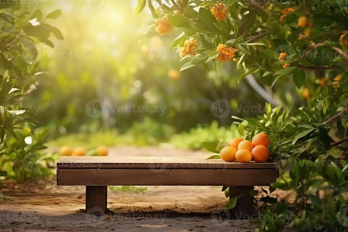 AI generated wooden table place of free space for your decoration and orange trees with fruits in sun light photo