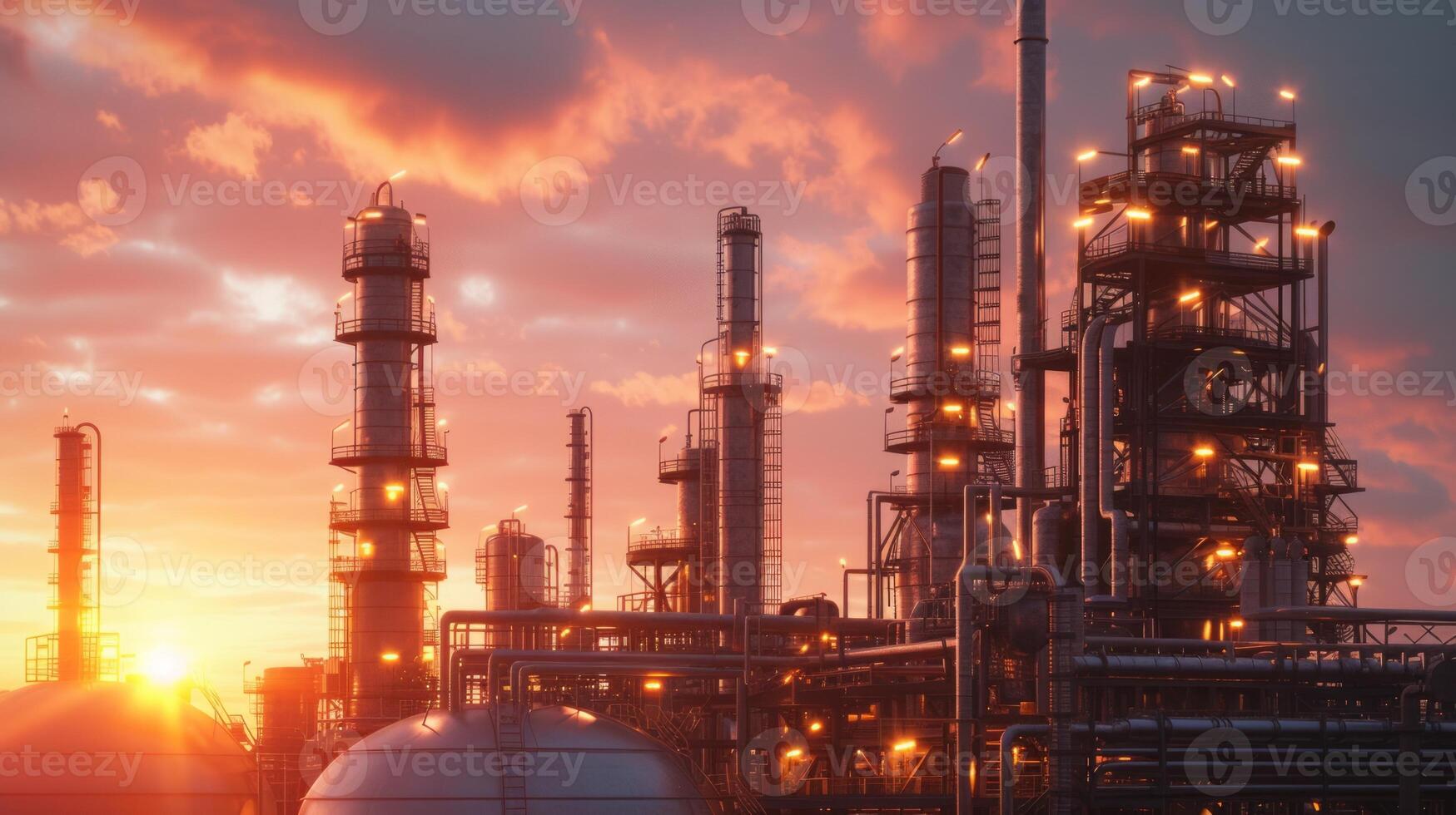 AI generated industrial landscape with heavy pollution produced by a large chemical plant in the dusk photo